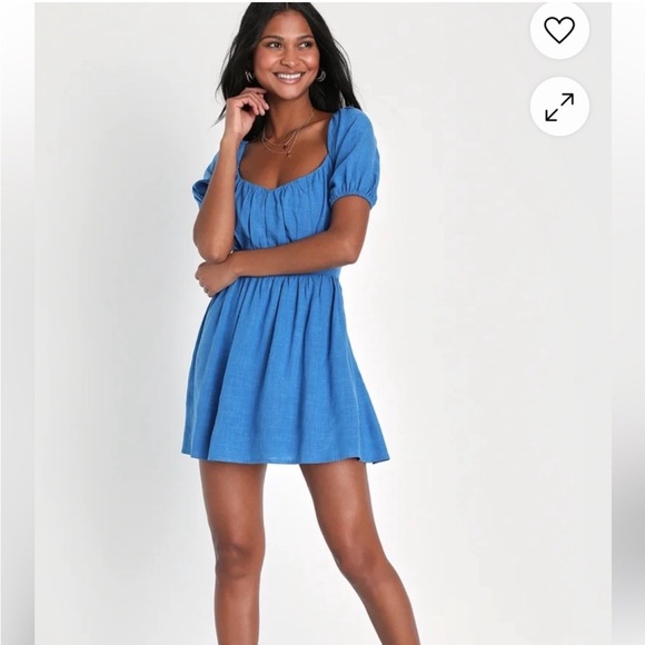 Lulu's Azure Puff Sleeve Linen Blend Mini Dress - Picture 2 of 12